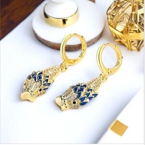 18k Gold Plated Etruscan Dolphin Fish Zircon Crystal Enamel Earrings
